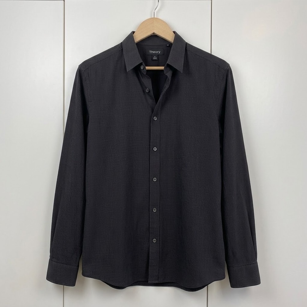 Theory Black Micro-Check Sylvain Dress Shirt Sz L Quiet Luxury Minimalist